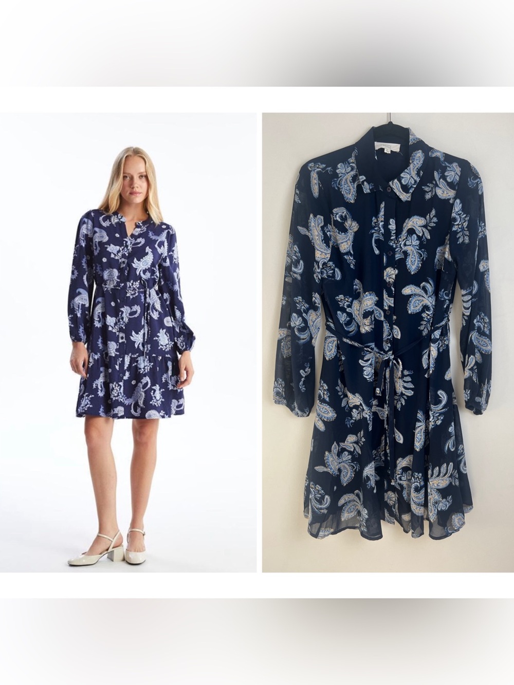 Lucky Brand Medium‎ Navy Floral Button Front Long Sheer Puff Sleeve Shirt Dress